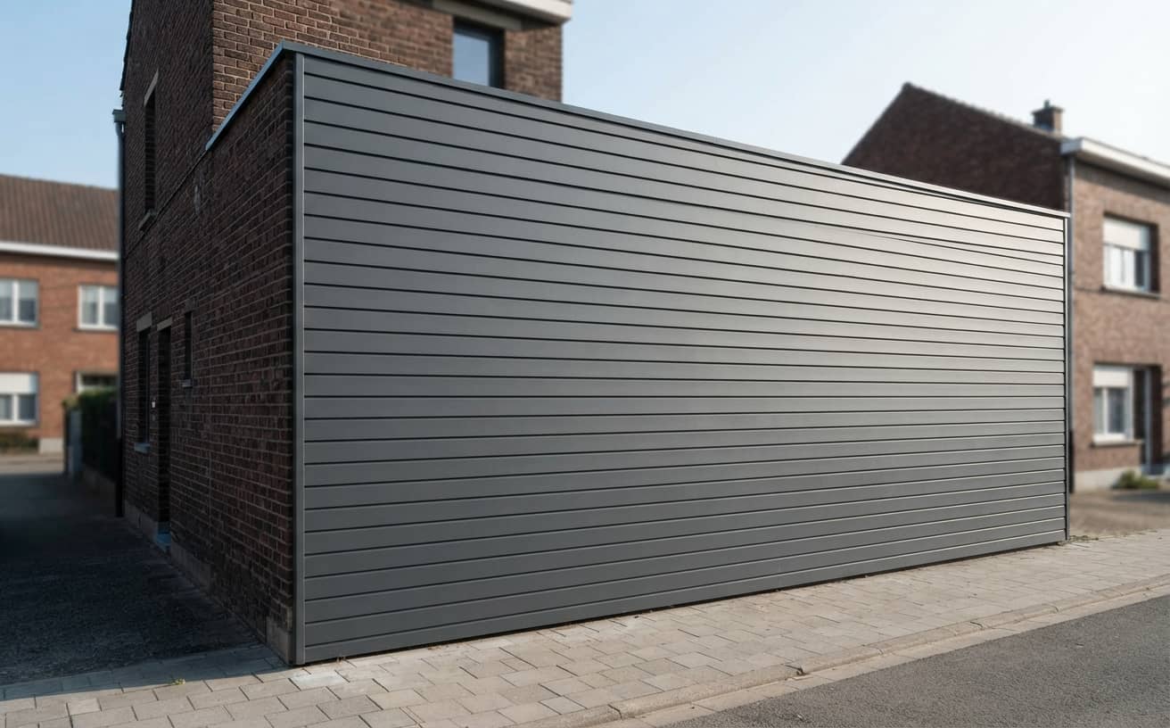 Bardage de façade en lames horizontales anthracite, posé contre la brique d'origine