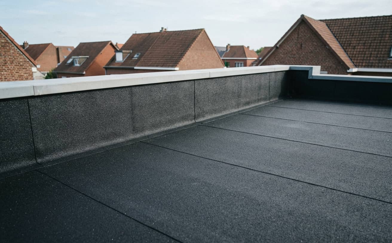 Toit-terrasse étanchéifié : membrane bitumineuse et relevé remontant le long de l'acrotère
