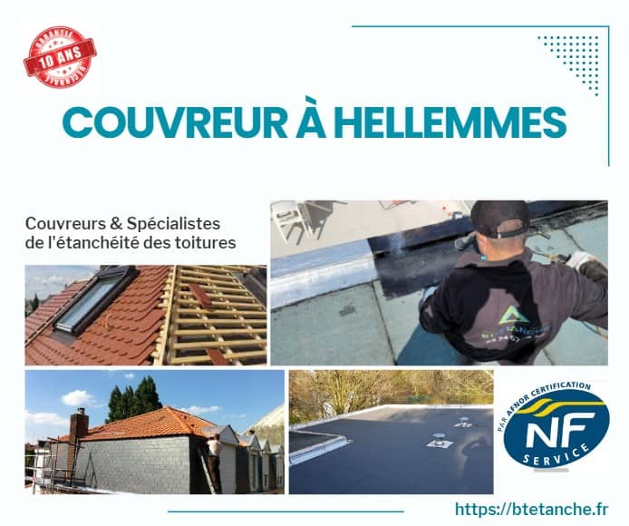 Flyer avec des photos de chantiers réalisés, représentant l'entreprise de couverture BT'Étanche à Hellemmes