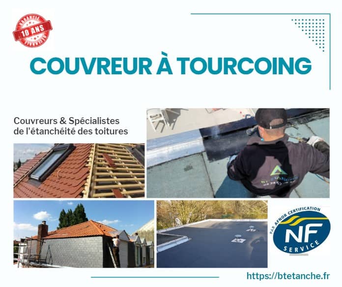 Flyer avec des photos de chantiers réalisés, représentant l'entreprise de couverture BT'Étanche à Tourcoing