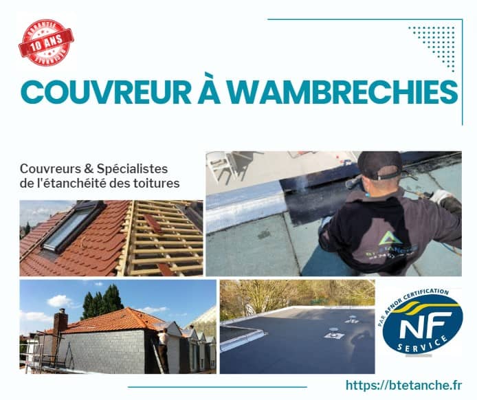Flyer avec des photos de chantiers réalisés, représentant l'entreprise de couverture BT'Étanche à Wambrechies