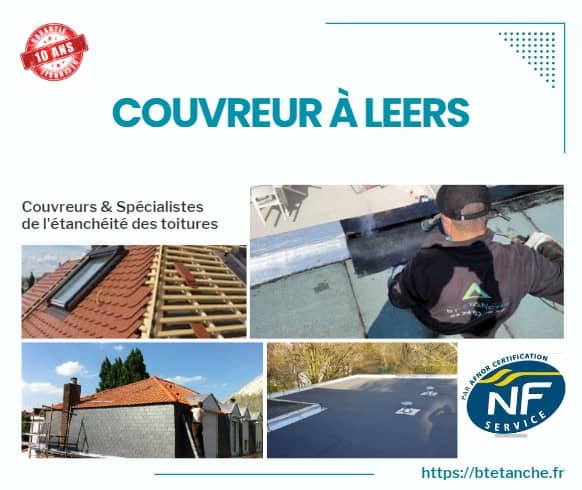 Flyer avec des photos de chantiers réalisés, représentant l'entreprise de couverture BT'Étanche à Leers