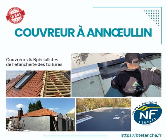 Flyer avec des photos de chantiers réalisés, représentant l'entreprise de couverture BT'Étanche à Annœullin