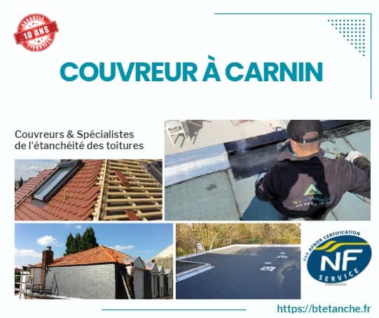 Flyer avec des photos de chantiers réalisés, représentant l'entreprise de couverture BT'Étanche à Carnin