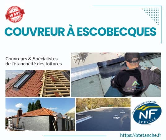 Flyer avec des photos de chantiers réalisés, représentant l'entreprise de couverture BT'Étanche à Escobecques