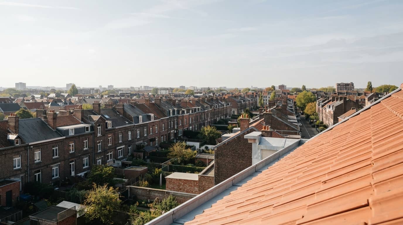 Toits en tuiles et maisons de brique de la métropole lilloise, vus depuis une toiture
