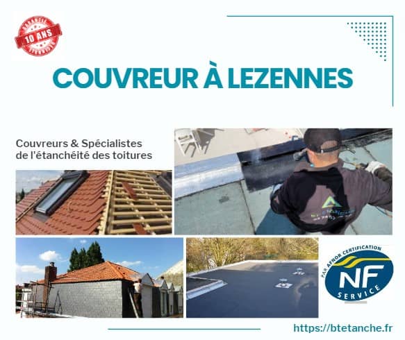 Flyer avec des photos de chantiers réalisés, représentant l'entreprise de couverture BT'Étanche à Lezennes