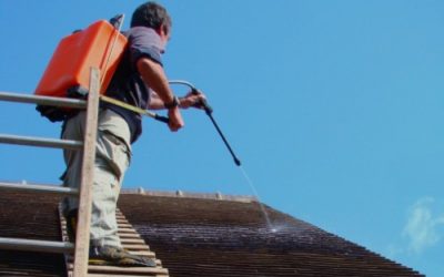 Un homme propulsant du nettoyant toiture sur un toit