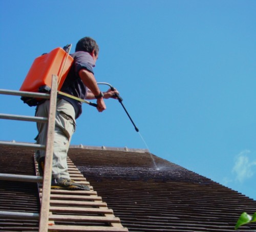Un homme propulsant du nettoyant toiture sur un toit