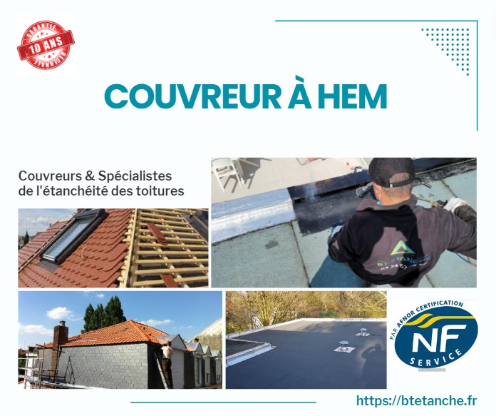 Flyer avec des photos de chantiers réalisés, représentant l'entreprise de couverture BT'Étanche à Hem