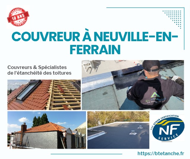 Flyer avec des photos de chantiers réalisés, représentant l'entreprise de couverture BT'Étanche à Neuville-en-Ferrain