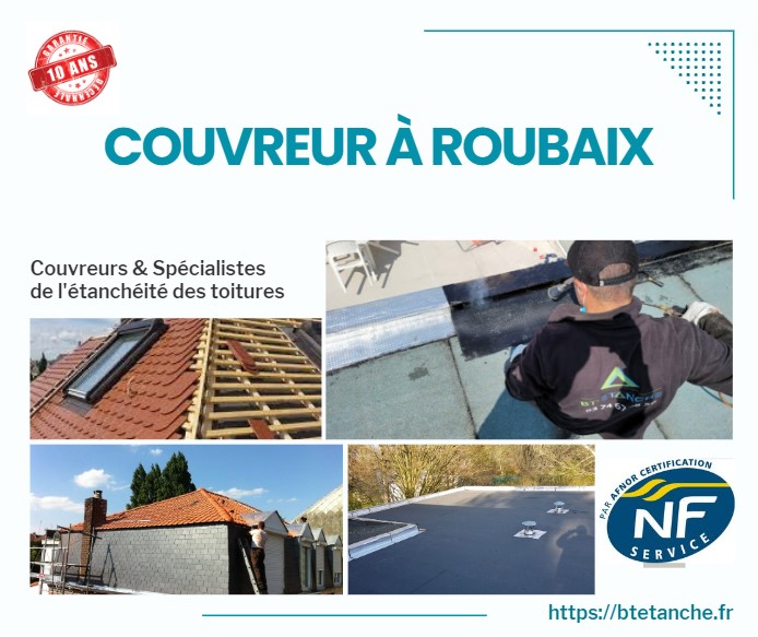 Flyer avec des photos de chantiers réalisés, représentant l'entreprise de couverture BT'Étanche à Roubaix