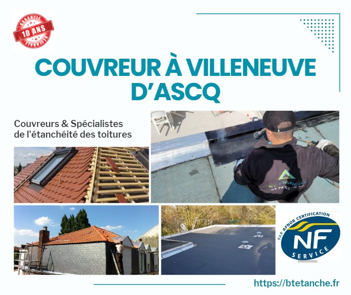 Flyer avec des photos de chantiers réalisés, représentant l'entreprise de couverture BT'Étanche à Villeneuve d'Ascq