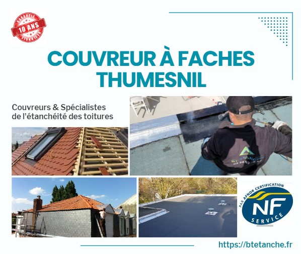 Flyer avec des photos de chantiers réalisés, représentant l'entreprise de couverture BT'Étanche à Faches Thumesnil