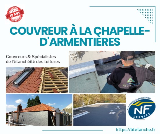 Flyer avec des photos de chantiers réalisés, représentant l'entreprise de couverture BT'Étanche à La Chapelle-d'Armentières