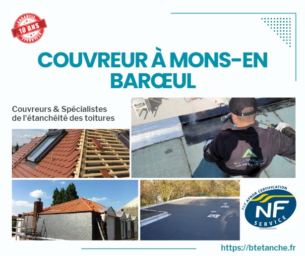 Flyer avec des photos de chantiers réalisés, représentant l'entreprise de couverture BT'Étanche à Mons-en-Barœul