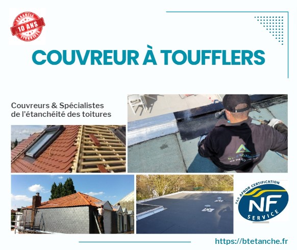 Flyer avec des photos de chantiers réalisés, représentant l'entreprise de couverture BT'Étanche à Toufflers