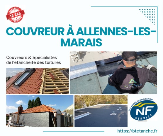 Flyer avec des photos de chantiers réalisés, représentant l'entreprise de couverture BT'Étanche à Allennes-les-Marais