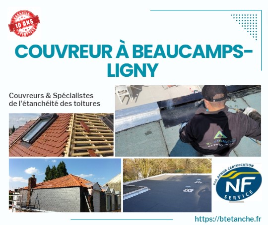 Flyer avec des photos de chantiers réalisés, représentant l'entreprise de couverture BT'Étanche à Beaucamps-Ligny