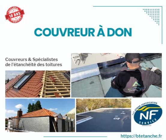 Flyer avec des photos de chantiers réalisés, représentant l'entreprise de couverture BT'Étanche à Don