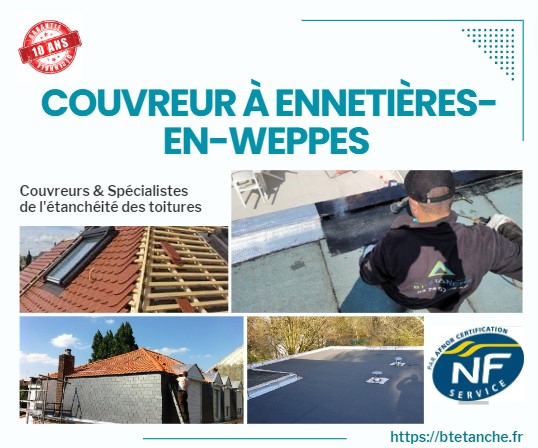 Flyer avec des photos de chantiers réalisés, représentant l'entreprise de couverture BT'Étanche à Ennetières-en-Weppes