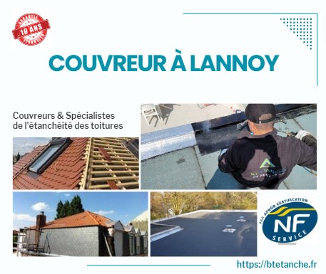 Flyer avec des photos de chantiers réalisés, représentant l'entreprise de couverture BT'Étanche à Lannoy