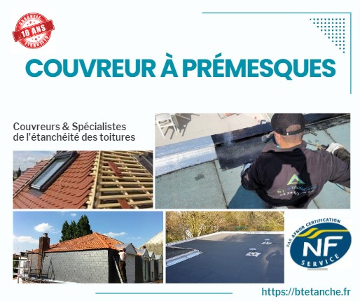 Flyer avec des photos de chantiers réalisés, représentant l'entreprise de couverture BT'Étanche à Prémesques