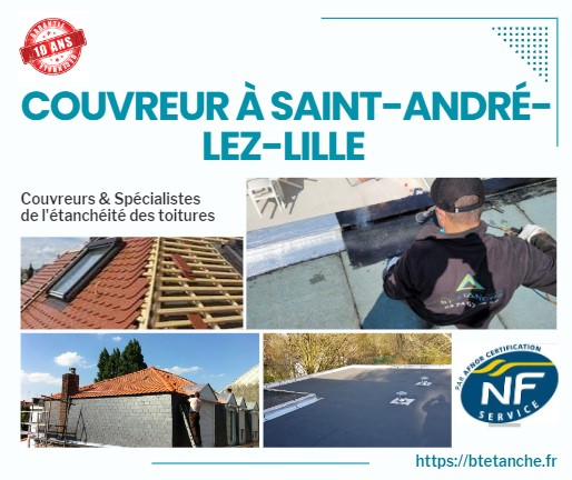 Flyer avec des photos de chantiers réalisés, représentant l'entreprise de couverture BT'Étanche à Saint-André-lez-Lille