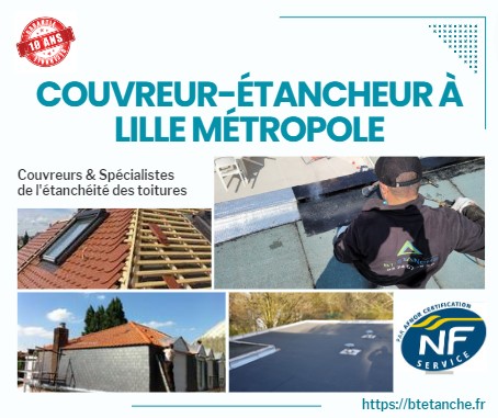 Flyer avec des photos de chantiers réalisés, représentant l'entreprise de couverture et d'étanchéité BT'Étanche à Lille Métropole