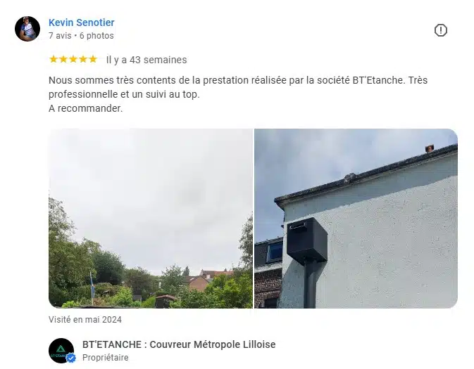 Avis 5 sur 5 sur la fiche Google Business Profile BT'Étanche, de la part du client Kevin Senotier