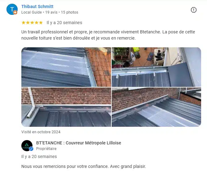 Avis 5 sur 5 sur la fiche Google Business Profile BT'Étanche, de la part du client Thibaut Schmitt