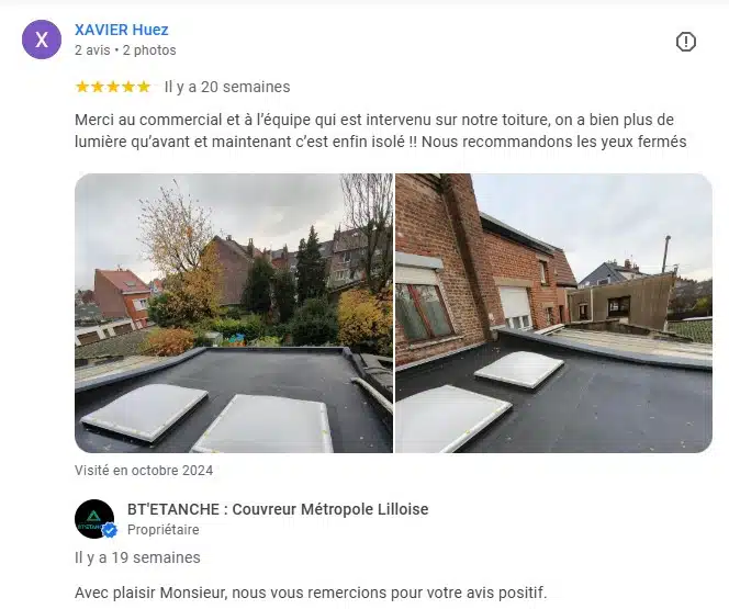 Avis 5 sur 5 sur la fiche Google Business Profile BT'Étanche, de la part du client Xavier Huez